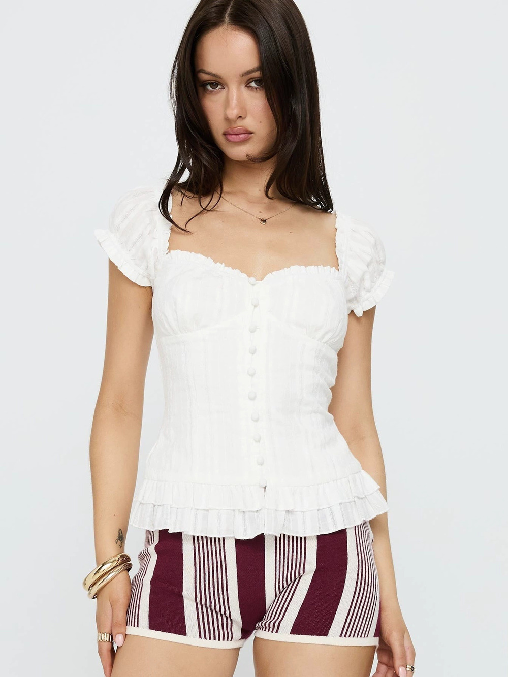 Zara Ruffled Trim Solid Button Front Waist Short Sleeve Blouse